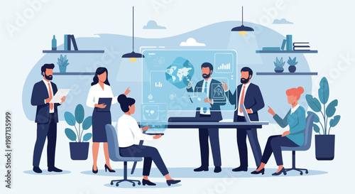 Diverse business team collaborating in modern office meeting room.