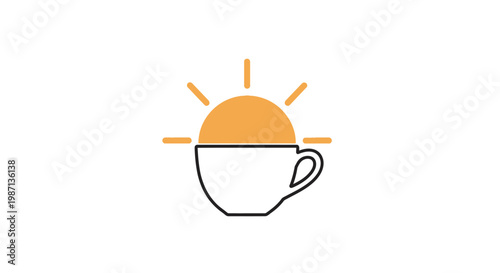 Simple icon of coffee cup at sunrise.