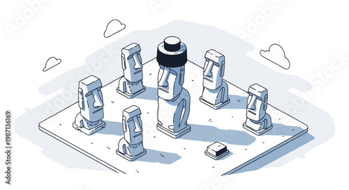 Moai statues on Easter Island with one wearing a hat