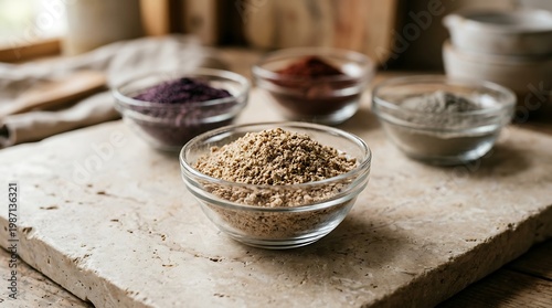 Four Bowls of Natural Spices and Seasonings on Rustic Wooden Surface