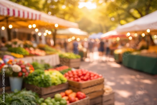 blurred abstract background farmers market outdoor stalls fresh produce vegetables fruit sunlight bokeh warm morning sunshine vibrant organic healthy