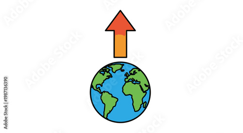 Earth globe with rising orange arrow.