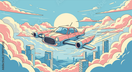 Futuristic Flying Car with Jet Engines Soaring Above City.