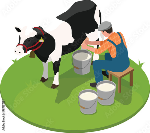 Farmer milking a cow illustration
