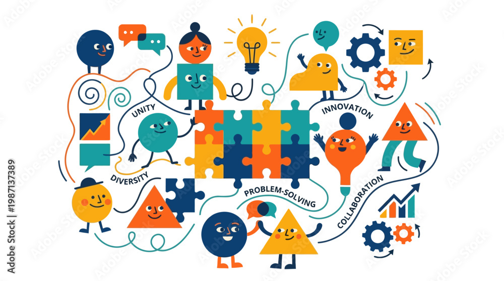 Fototapeta premium Abstract Collaboration Concept – Diverse People Connected with Symbolic Elements Vector