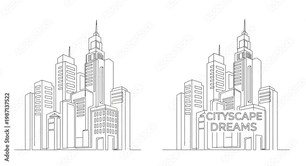 Fototapeta premium Two Minimalist Line Art Cityscape Illustrations Featuring Modern Skyscraper Architecture.