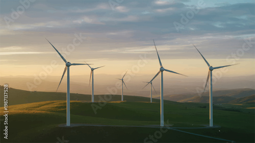 Wind turbines on green hills at sunset with cloudy sky