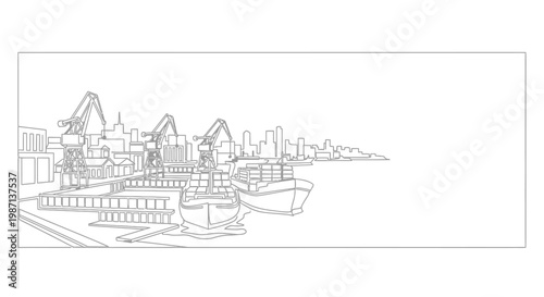 Sketch of cargo ships and harbor cranes in a shipping port.