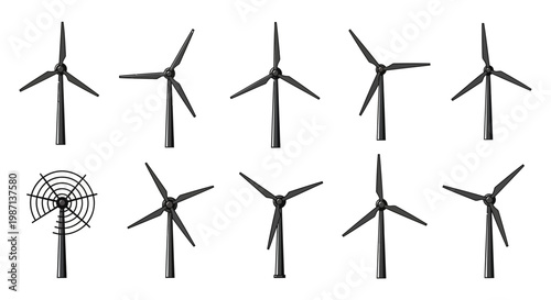 Illustration depicting different styles of wind turbines with their propellers at various angles