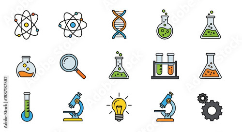 Illustration depicting scientific elements, laboratory tools, and atom models in vector style