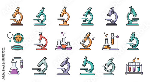 Illustration featuring colorful laboratory equipment including microscopes and glassware.
