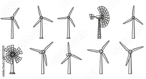Illustration of varied windmills, representing renewable energy and sustainable power generation