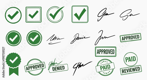 A collection of green and black checkmark and approval vector icons and signatures in white background.