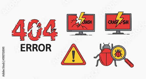 A vector graphic illustration of a 404 error page with crash icons and a bug in white background.