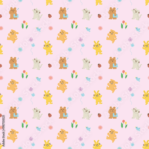 春の動物たちと花やチューリップのシームレスパターン 背景 パステルカラー