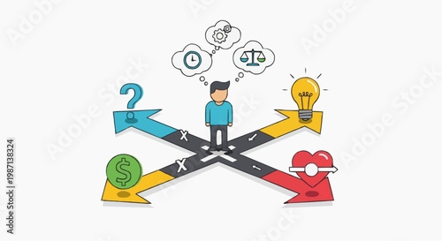 A man stands at a crossroads with thought bubbles above his head, surrounded by symbols of money, love, and ideas. in white background.