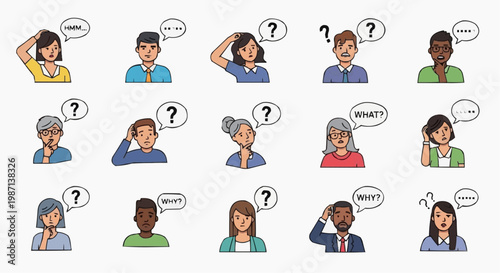 A vector graphic illustration of diverse people with question marks and speech bubbles in white background.
