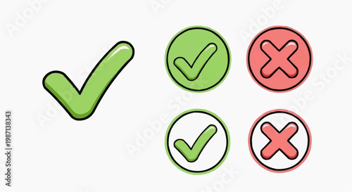 A vector graphic illustration of checkmarks and X's in green and red colors in white background.