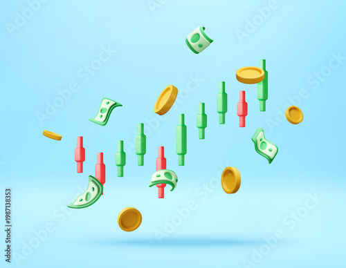 3D Candlestick chart with flying money and coins. Financial stock market data analysis and economic growth concept. Investment trading and business profit growth. Vector illustration