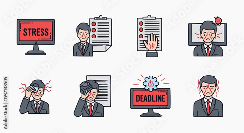 A vector graphic illustration of a stressed businessman with deadline and stress concepts in white background.