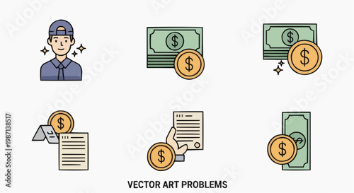A set of vector icons illustrating financial concepts and a person with money in white background.