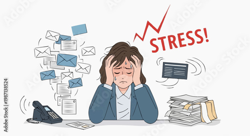 A stressed businesswoman sitting at her desk overwhelmed with work and correspondence. in white background.