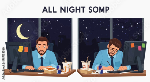 A vector graphic illustration of a tired businessman working late at night in white background.