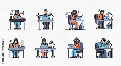 A vector graphic illustration of people working at desks in various poses and expressions in white background.