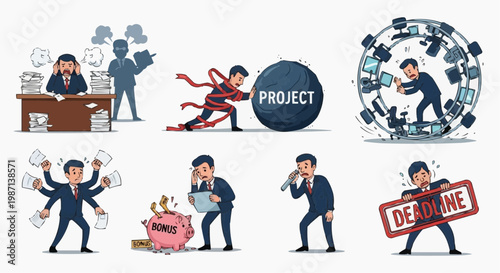 A vector graphic illustration of a businessman experiencing stress and chaos at work with various deadlines and projects. in white background.