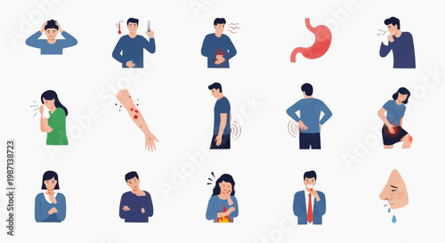 A vector graphic illustration of various people experiencing different types of pain and discomfort in white background.