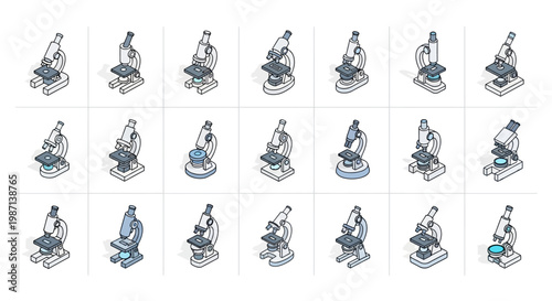 Isometric microscope illustrations showcasing scientific instruments in diverse orientations