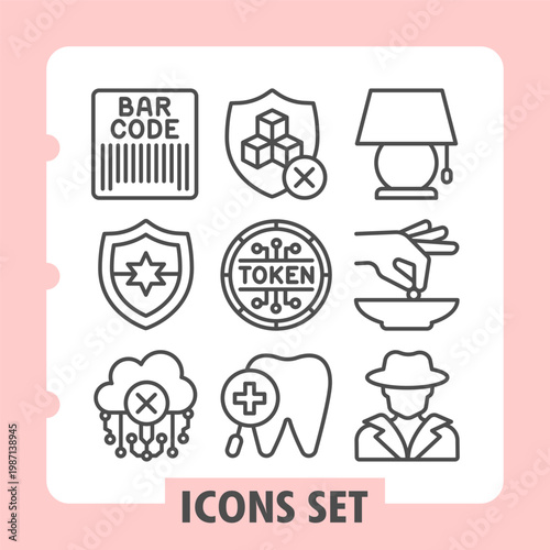 Bar code, shield, cloud minimalist icons set depicting security, commerce, professional, dental care, partnership items in outline style for apps and print on white background. Set of nine line icons.