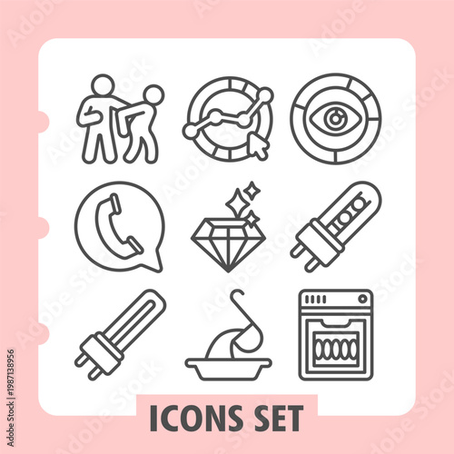 Arrest, phone talk, lamp minimalist icons set representing communication, vision, achievement and innovation items in outline style for apps and print on white background. Set of nine line icons.