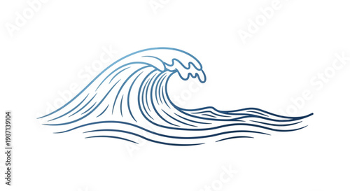 Minimalist blue wave illustration on white background depicting ocean power and movement