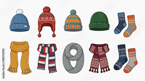 A colorful illustration of winter clothing accessories including hats, scarves, and socks. in white background.