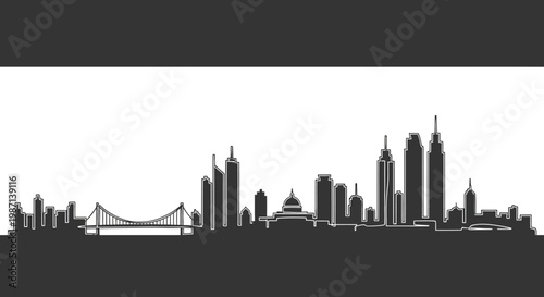 Black and white silhouette of Philadelphia city skyline with Benjamin Franklin Bridge.