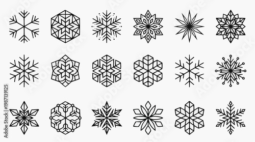 A set of black and white snowflakes in various geometric designs on a white background in white background.