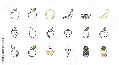 Minimalist Fruit Icons: Vector Illustrations of Apples, Bananas, Grapes, and Strawberries