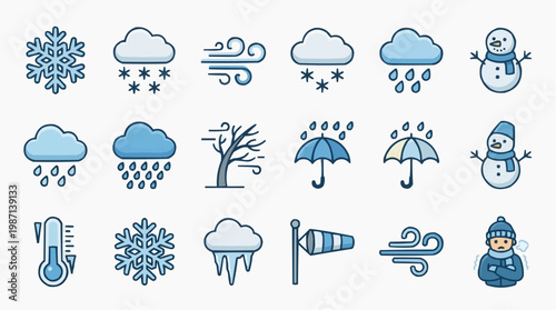 A set of blue and white weather icons including snowflakes, clouds, and people bundled up for cold weather. in white background.