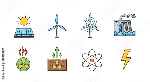 Illustrated icons of various energy sources including solar, wind, and nuclear power options