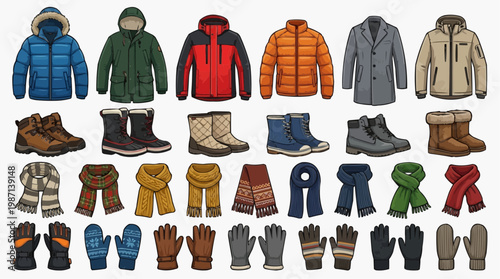 A colorful illustration of various winter clothing items and accessories. in white background.