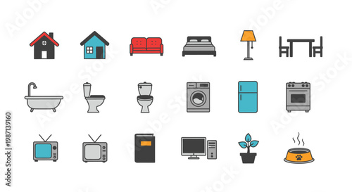 Minimalist Home Icon Set Depicting Household Items and Living Space Elements in Graphic Style