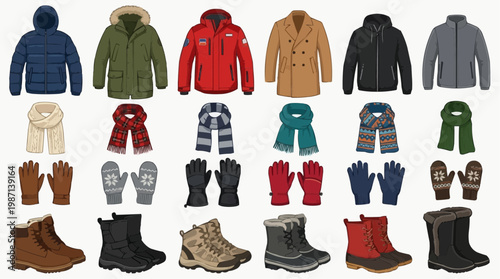 A collection of winter clothing items including coats, jackets, boots, gloves, and scarves in various colors and designs. in white background.