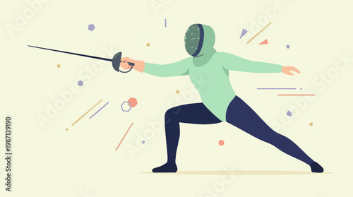 Professional fencer in a lunge position with sword, flat design illustration
