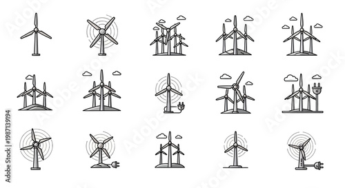 Illustrated Line Art Set of Wind Turbines Depicting Renewable Energy Sources Production