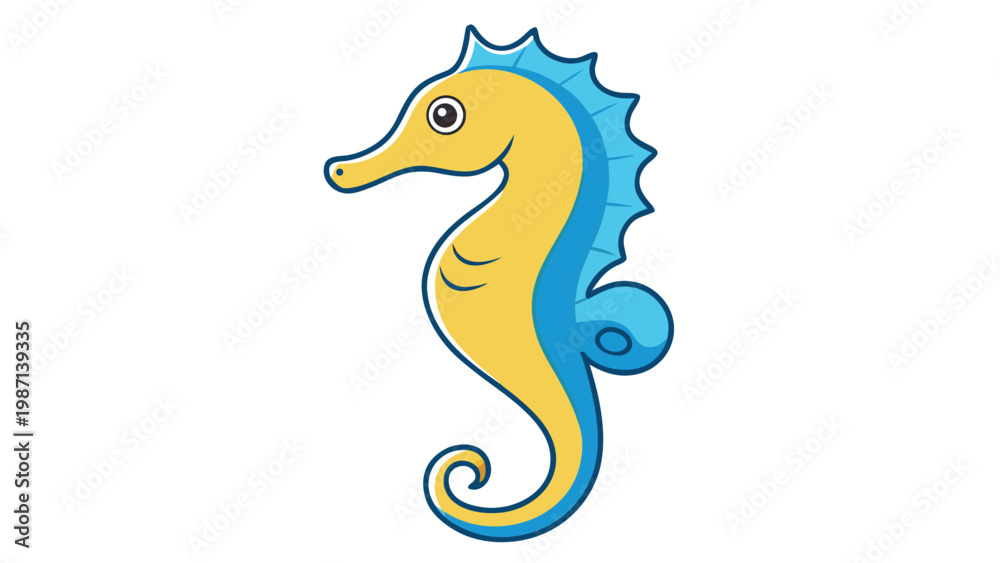 Fototapeta premium A vibrant and colorful cartoon seahorse character with a playful expression and detailed fins, showcasing an artistic design suitable for children's books, educational materials, or marine-themed illu