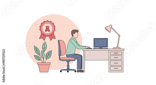 Illustration depicting a person working at a desk, surrounded by office elements, at work