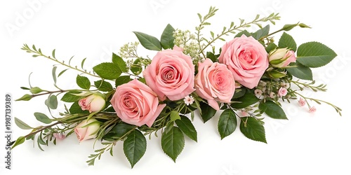 Delicate pink rose and greenery garland arrangement with floral garland, pink roses