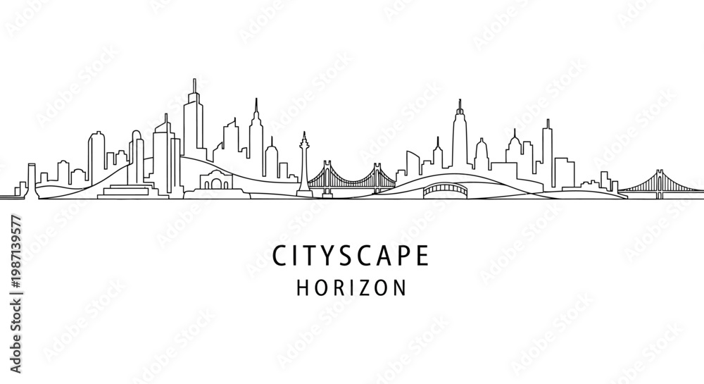 Obraz premium Hand drawn continuous line art cityscape skyline panorama.