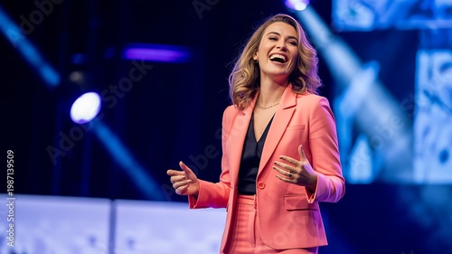 Professional woman laughing while delivering an engaging presentation on stage